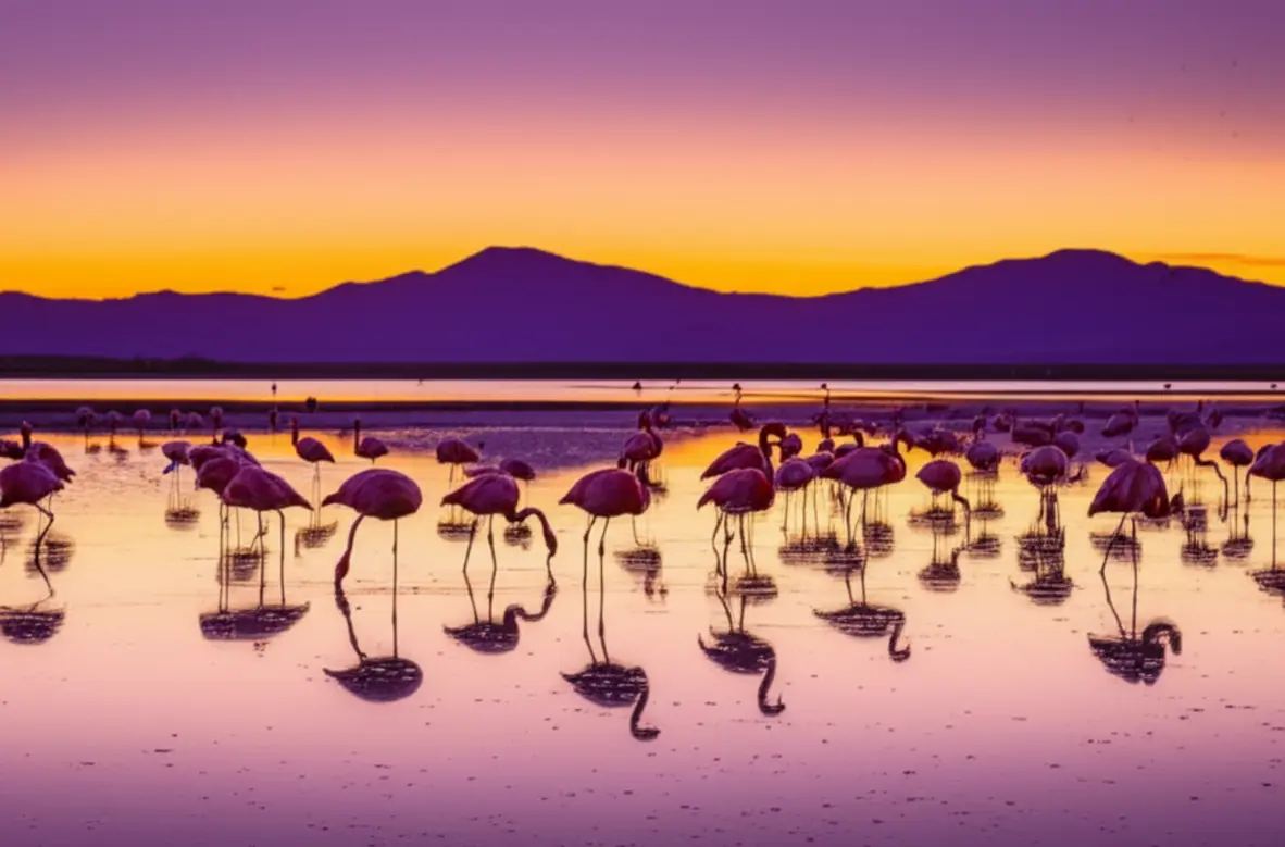 Flamingos na Reserva Laguna Nimez durante o pôr do sol.