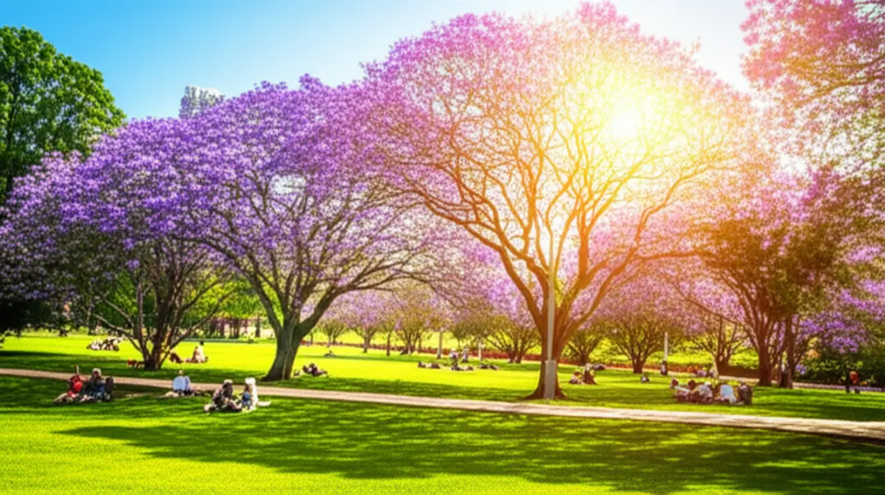 Pessoas relaxando na grama verde sob a sombra de uma árvore Jacarandá roxa em um parque de Brisbane.