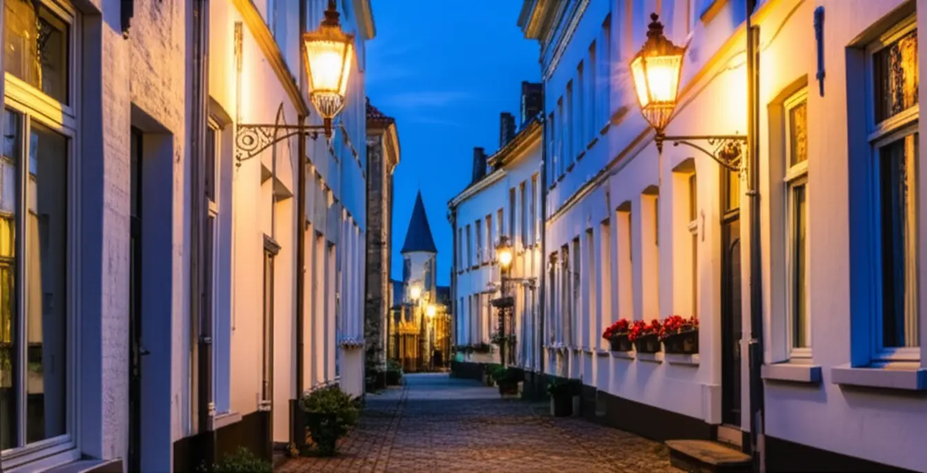Rua medieval estreita e segura em Bruges durante o entardecer.