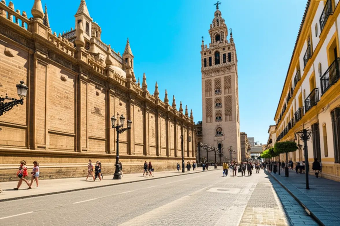 Vista da Catedral de Sevilha e torre Giralda sob céu limpo.