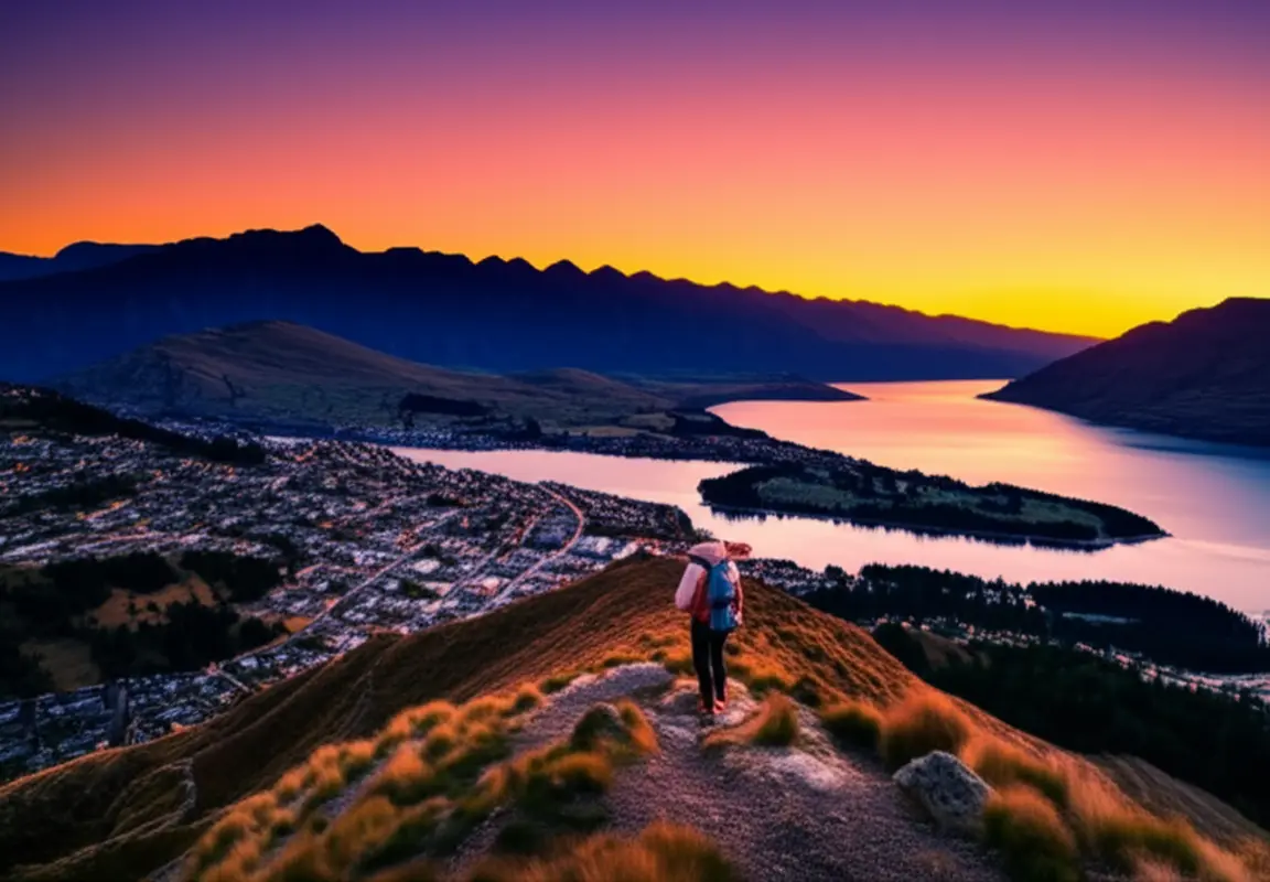 Trilheiro observando o pôr do sol do topo de uma montanha sobre a cidade de Queenstown.