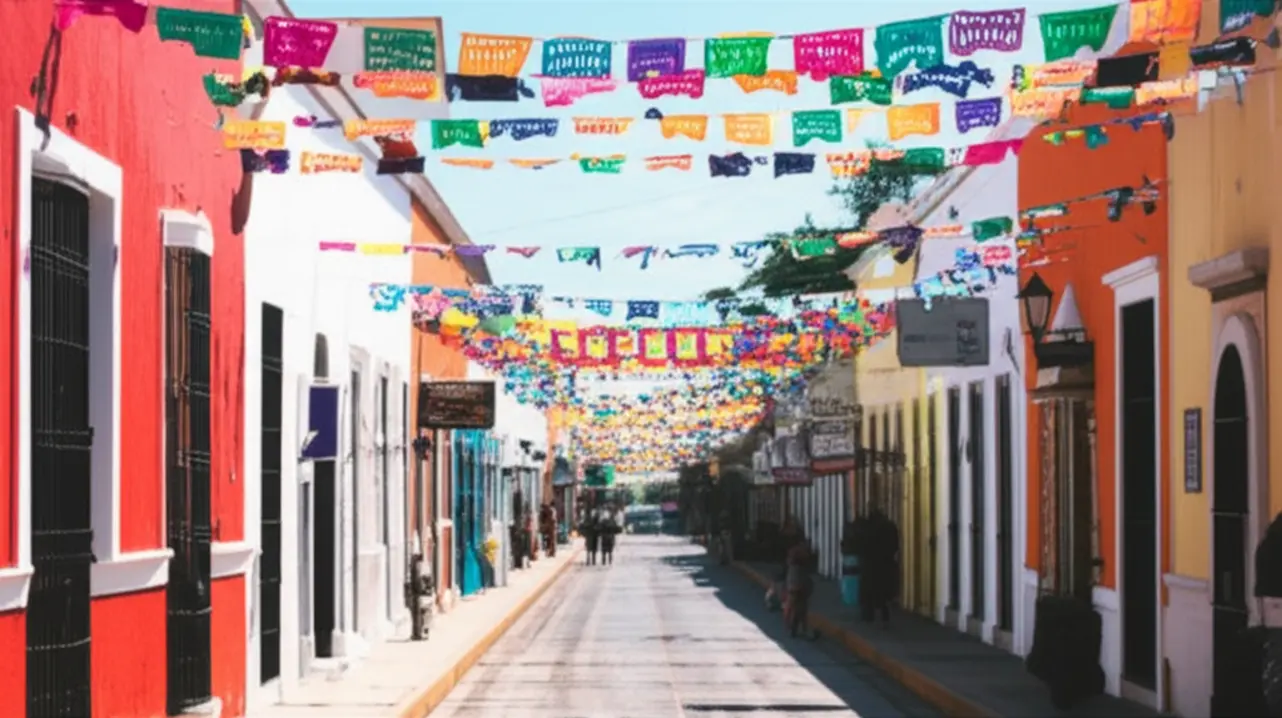 Rua colorida e autêntica no centro de Tulum (Pueblo).