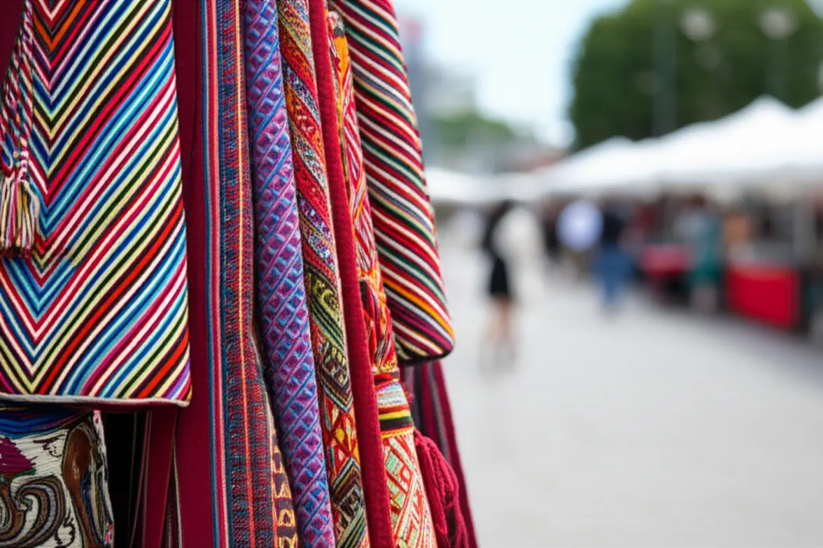 Banca de artesanato colorido no mercado de pulgas de Usaquén.