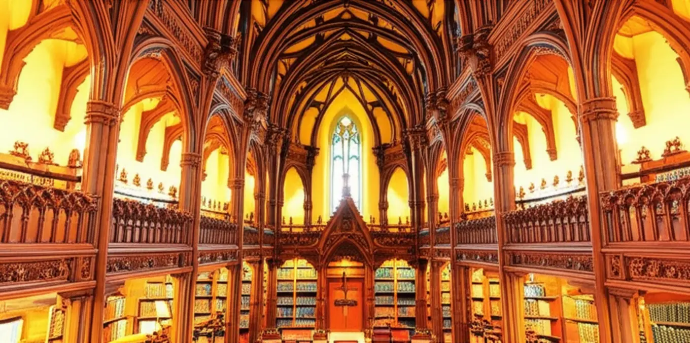O interior luxuoso da Biblioteca do Parlamento de Ottawa com prateleiras de madeira entalhada.