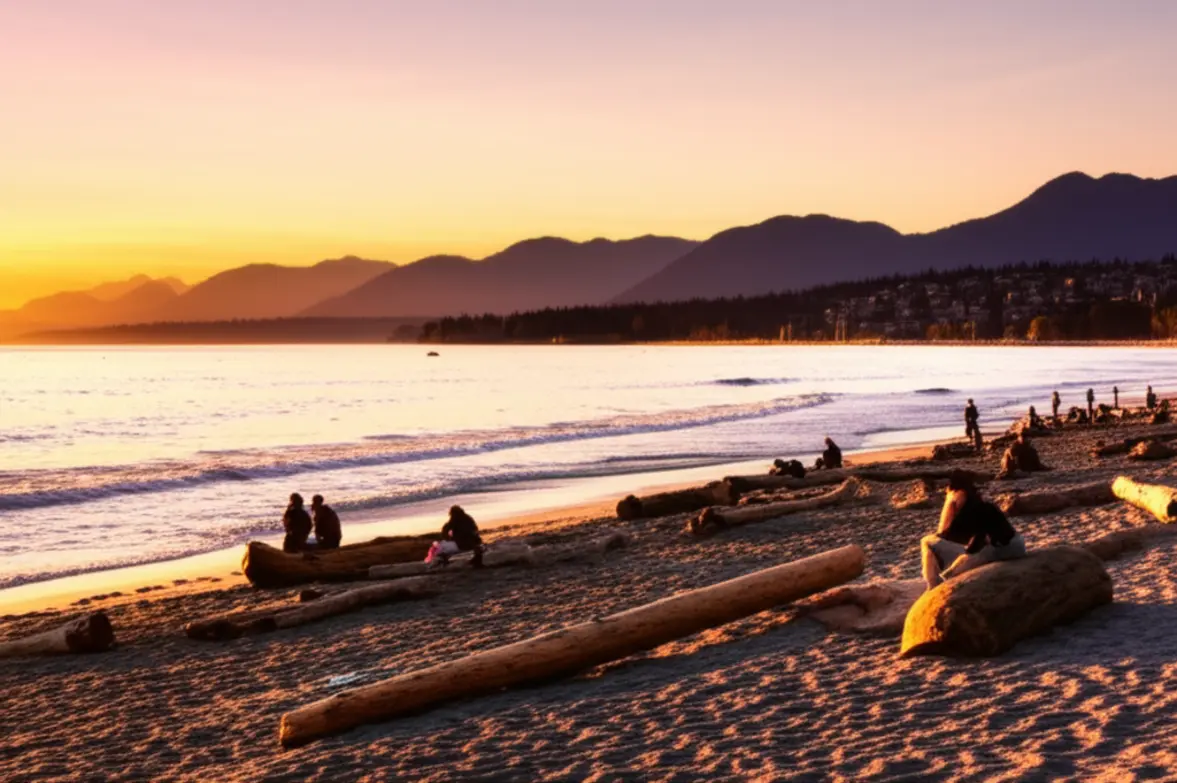 Pôr do sol dourado na praia de English Bay com silhuetas de pessoas e montanhas ao fundo.