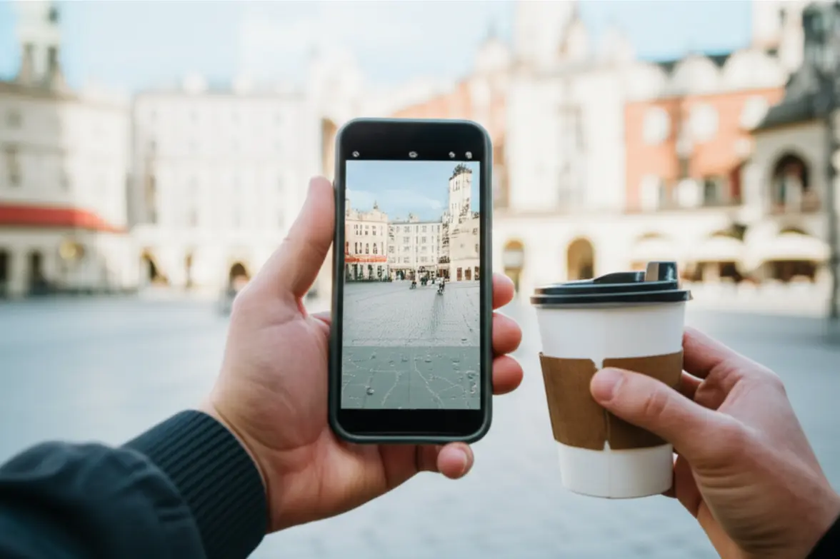 Turista segurando um celular e um café em uma praça segura e ensolarada de Cracóvia.