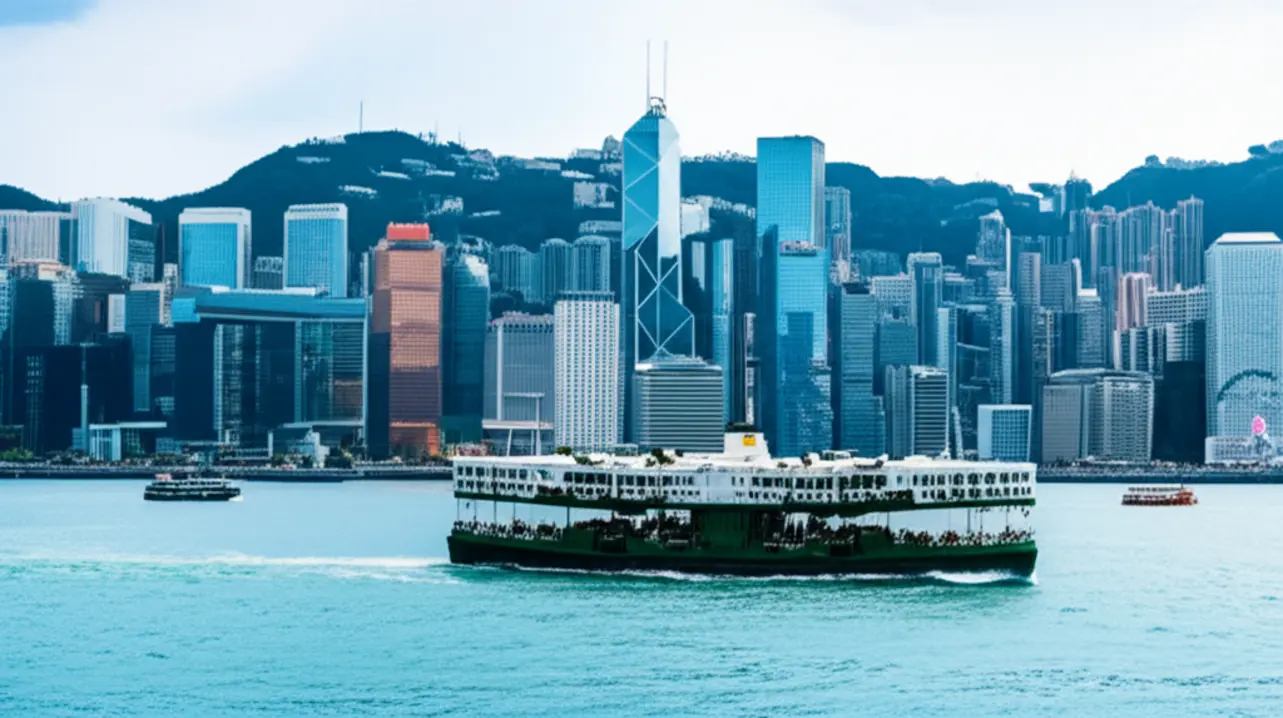 Barco Star Ferry verde e branco navegando pelas águas de Victoria Harbour.