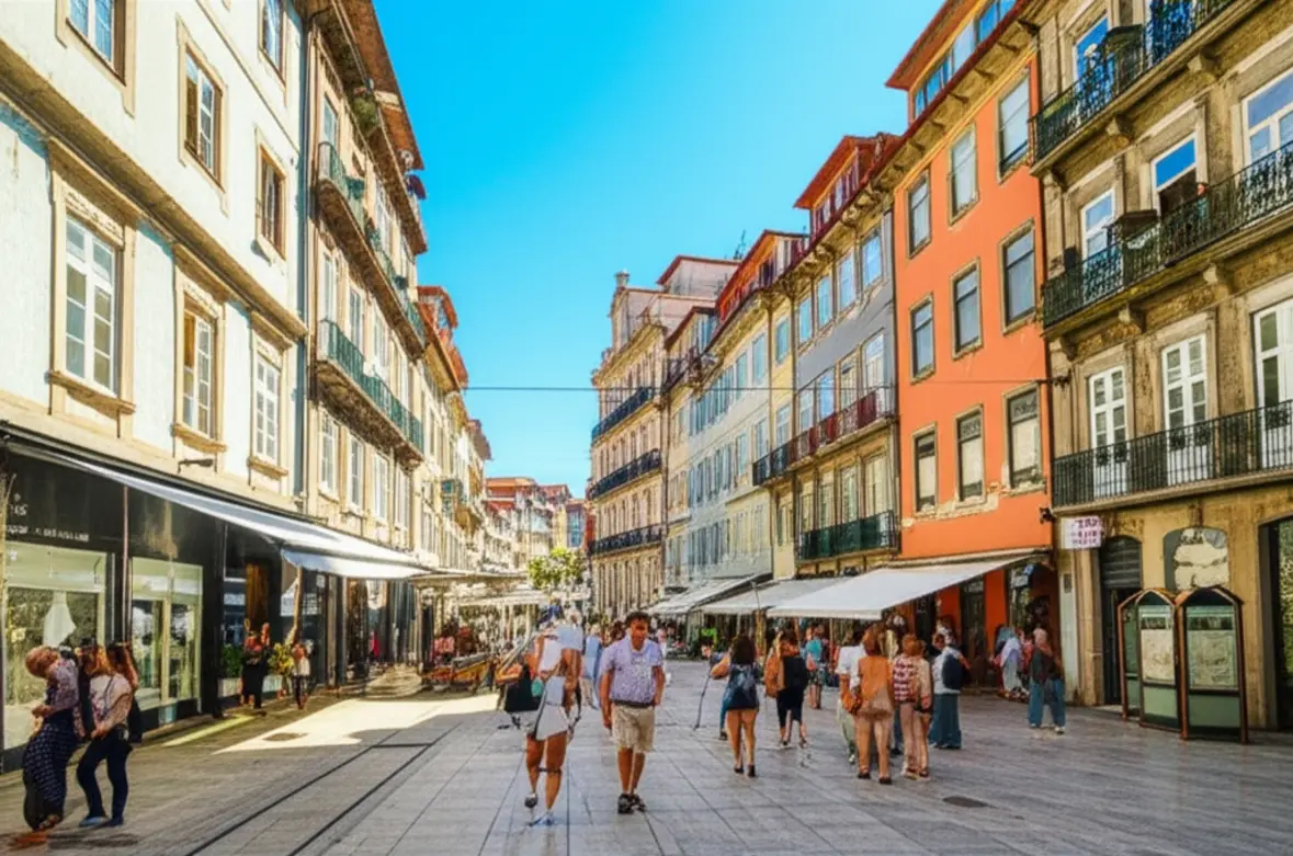 Rua segura e movimentada no centro histórico do Porto durante o dia.
