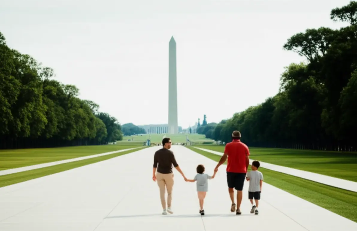 Turistas caminhando tranquilamente pelo National Mall.