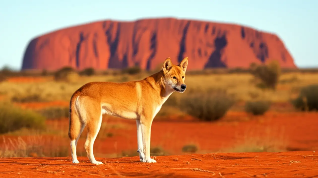 Um dingo selvagem caminhando sobre a areia vermelha com Uluru ao fundo.