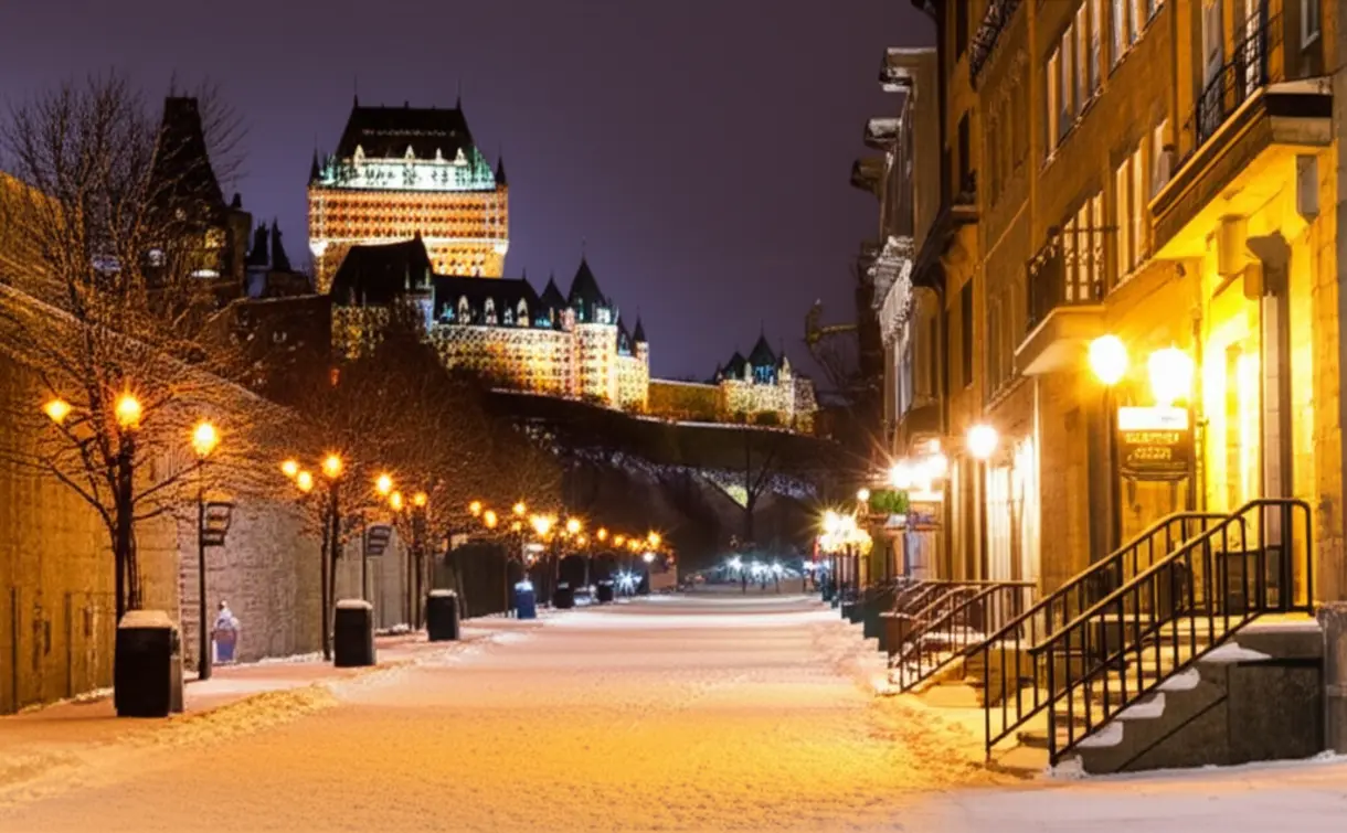Rua de Quebec City coberta de neve à noite com luzes quentes refletindo no chão gelado.