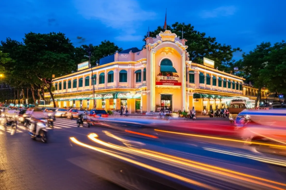Pessoas atravessando uma rua movimentada com motos em Ho Chi Minh.