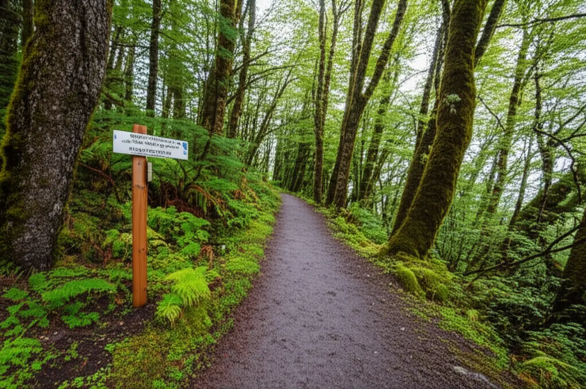 Trilha de caminhada sinalizada em um parque nacional perto de Puerto Varas.
