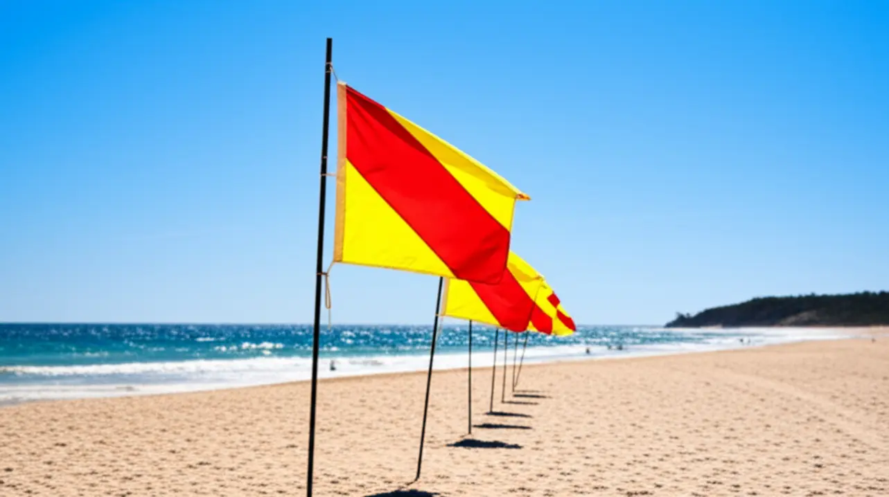 Bandeiras vermelhas e amarelas de salva-vidas na areia da praia principal de Byron Bay sob o sol.