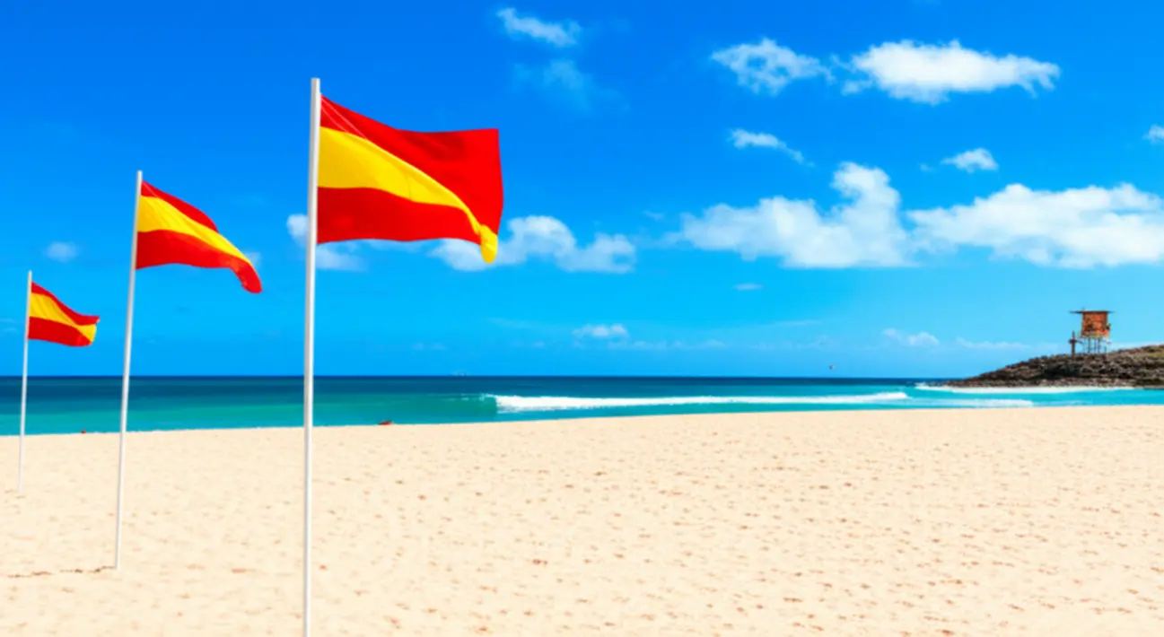 Bandeiras de segurança vermelhas e amarelas em uma praia ensolarada na Austrália.