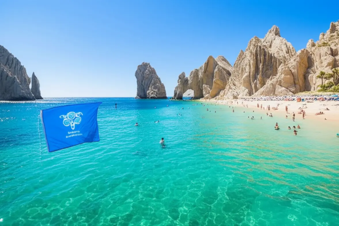 Praia Chileno com águas calmas e bandeira de segurança.
