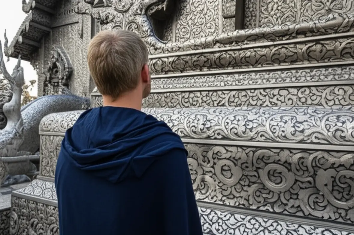 Turista vestida com respeito admirando os detalhes esculpidos em prata do templo Wat Sri Suphan.