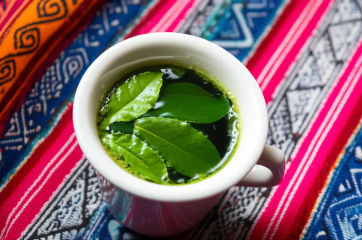 Xícara de chá de folhas de coca sobre uma toalha de mesa andina colorida.