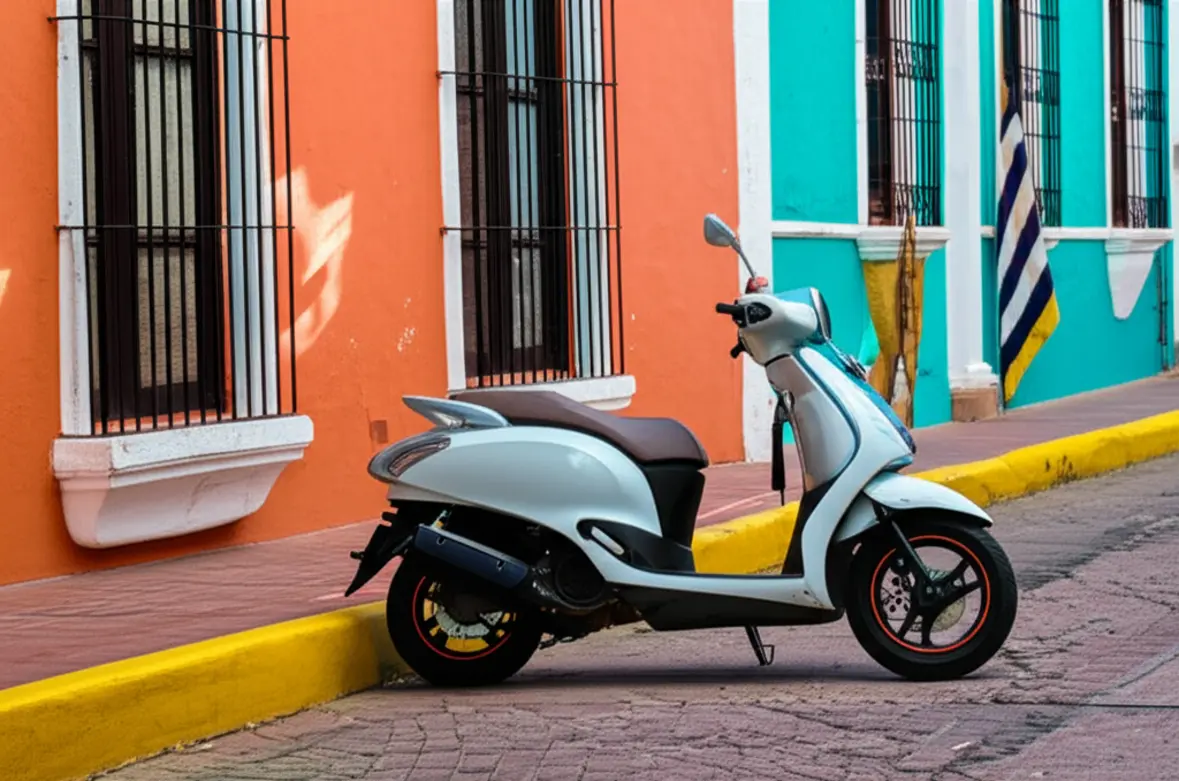 Scooter estacionada em uma rua colorida de San Miguel de Cozumel.