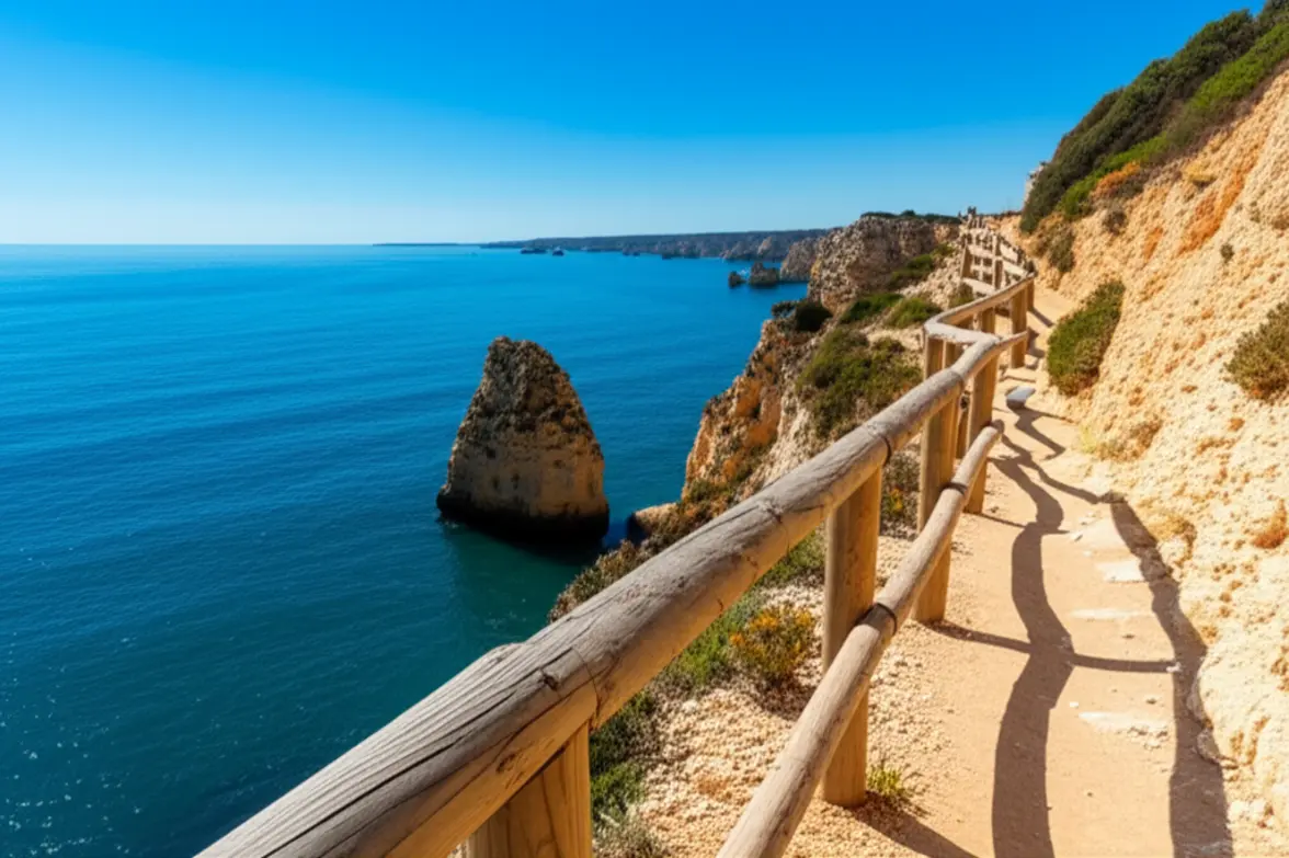 Trilha de madeira segura ao longo das falésias do Percurso dos Sete Vales Suspensos.