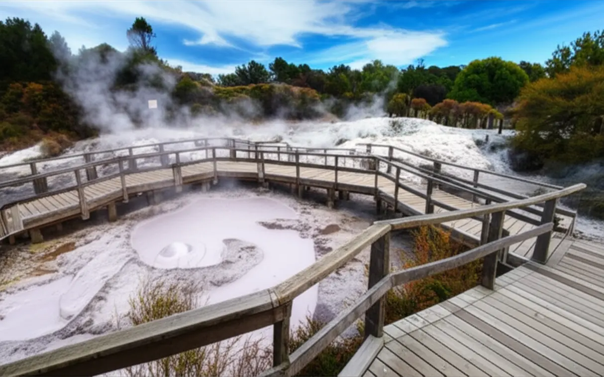Passarelas de madeira sobre lama borbulhante no Kuirau Park.