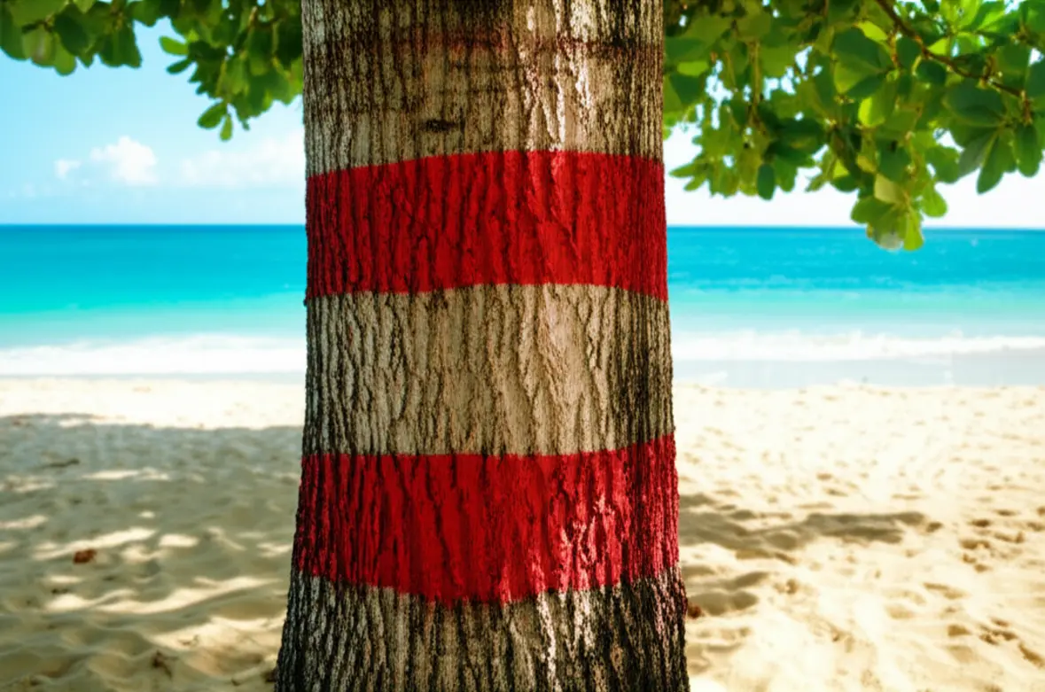 Placa de aviso em uma árvore Manchineel em uma praia de Barbados.