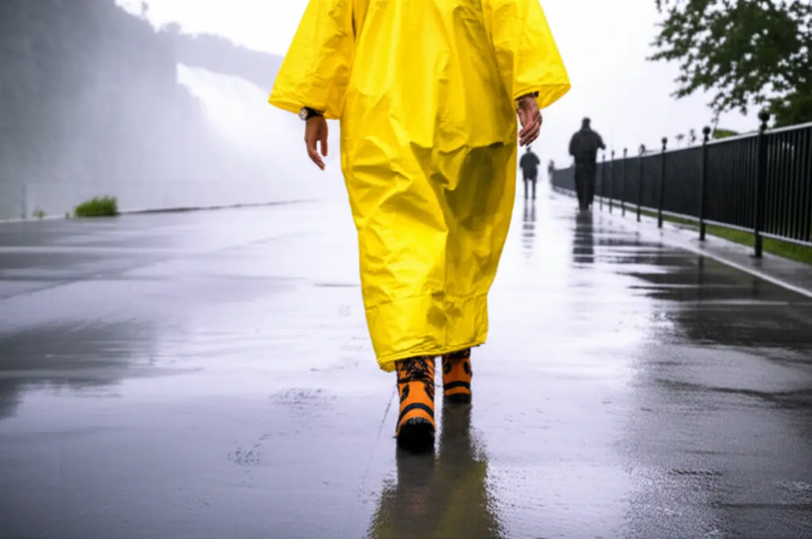 Turista caminhando com calçado apropriado no calçadão molhado de Niagara Falls.