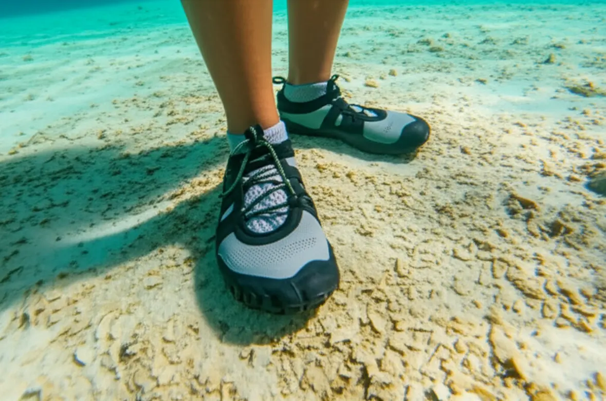 Turista usando sapatos de recife caminhando em águas rasas.