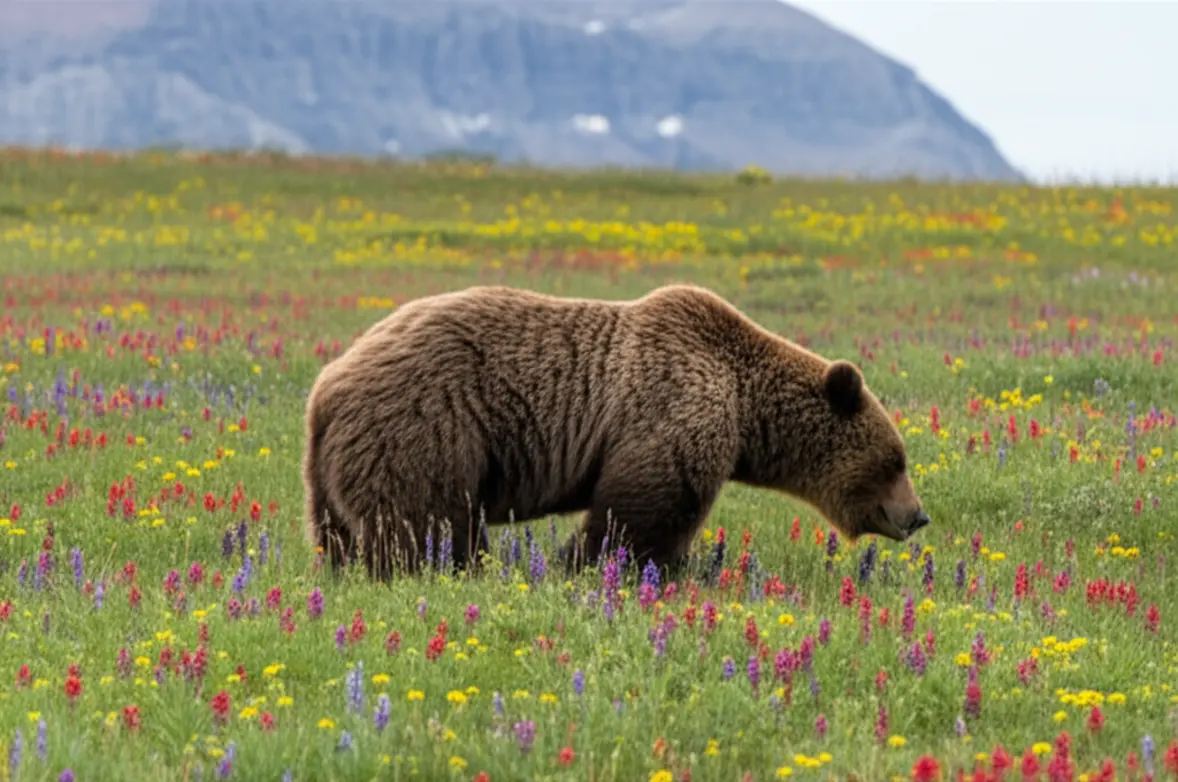 Urso pardo em um prado de flores silvestres com montanhas ao fundo em Banff.