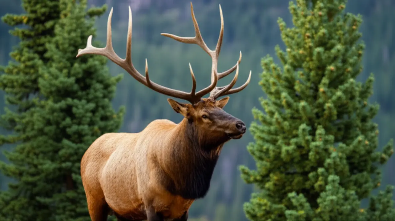 Um alce selvagem próximo à vegetação na borda do Grand Canyon.