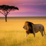 Leão majestoso caminhando pelas planícies do Serengeti ao pôr do sol.