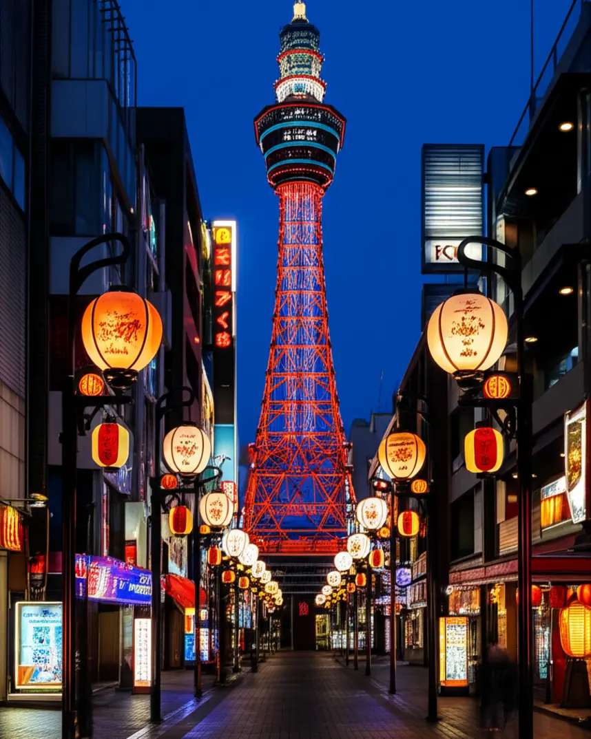 Rua vibrante de Shinsekai com a torre Tsutenkaku ao fundo e letreiros coloridos.