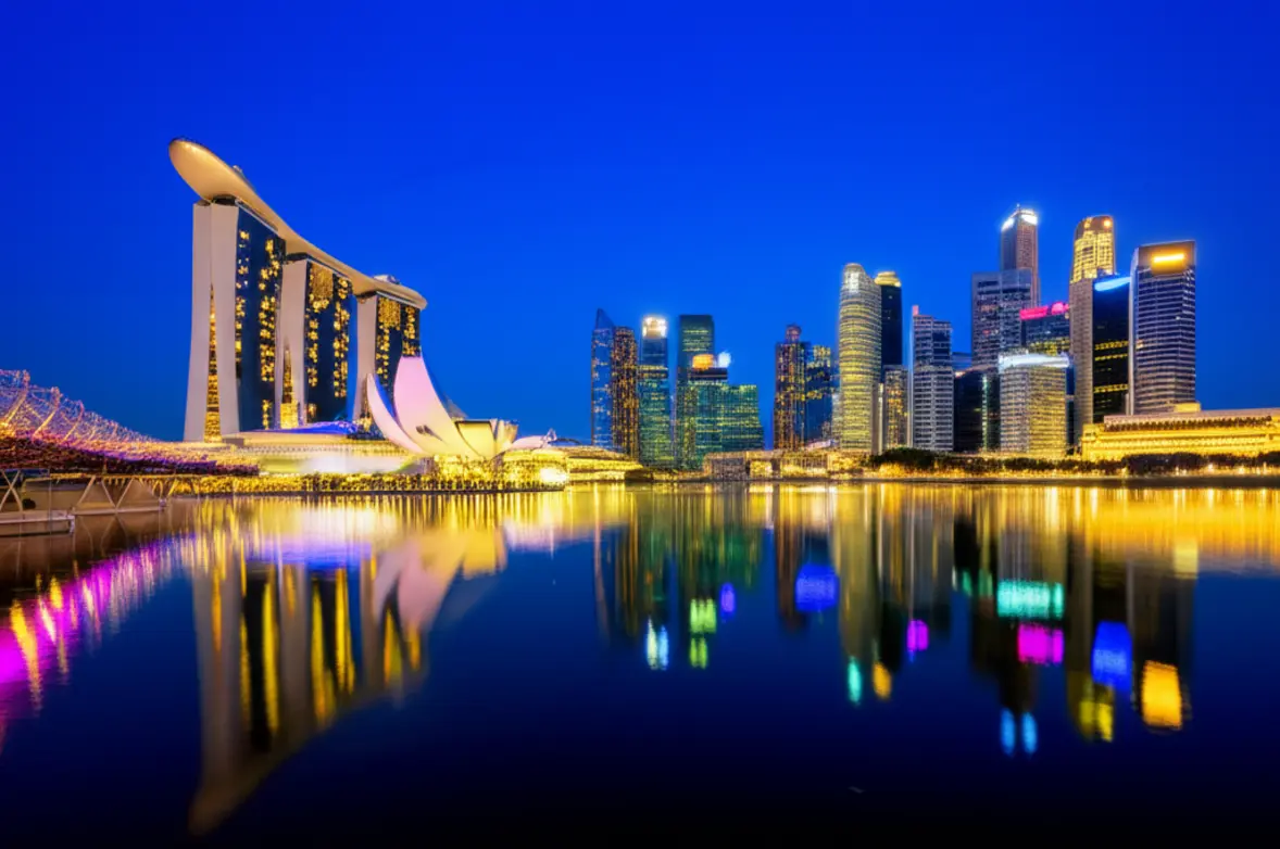 Vista panorâmica da Marina Bay em Singapura com o hotel Marina Bay Sands e o Merlion ao fundo.