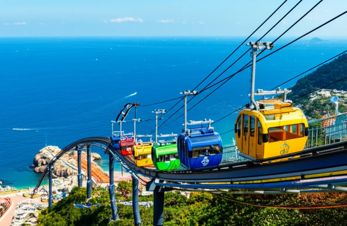 Cápsulas aéreas coloridas do Sky Capsule em Haeundae com o mar azul ao fundo.