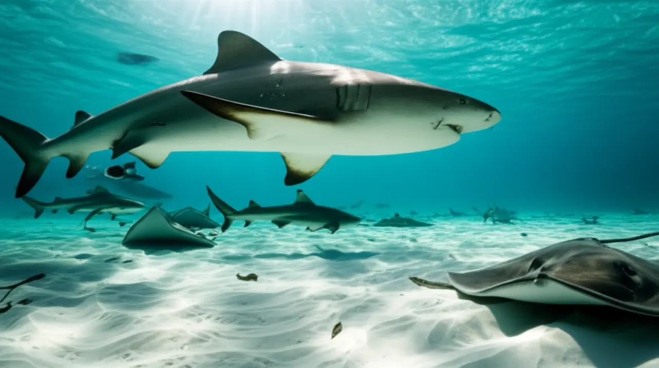 Mergulhadores fazendo snorkeling cercados por tubarões-lixa e raias em águas transparentes.