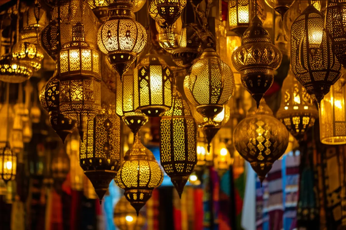 Lanternas marroquinas coloridas penduradas em um mercado nos Souks.