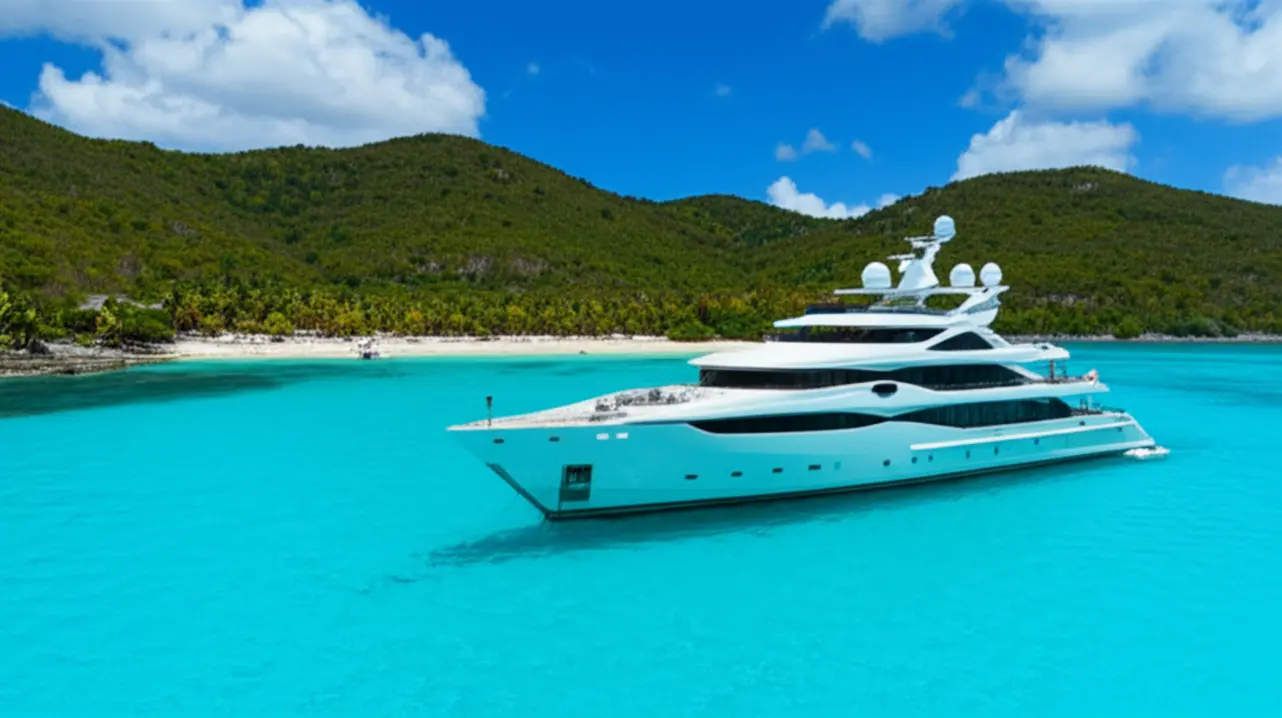 Vista aérea luxuosa de St. Barth com iates e águas cristalinas.