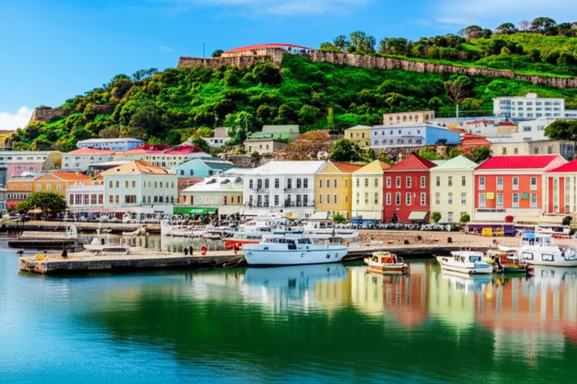 Vista do porto de St. George's com casas coloridas e o Forte George ao fundo.