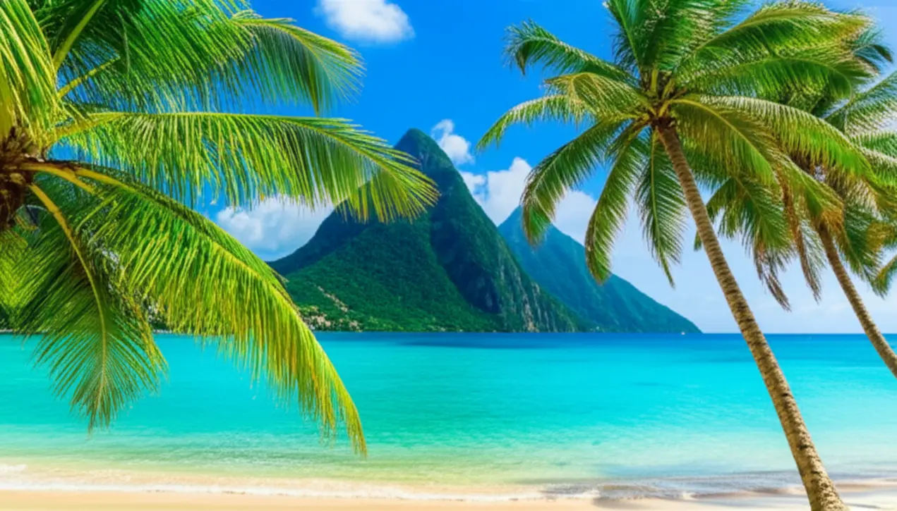 Vista da Sugar Beach localizada entre as duas montanhas Pitons.