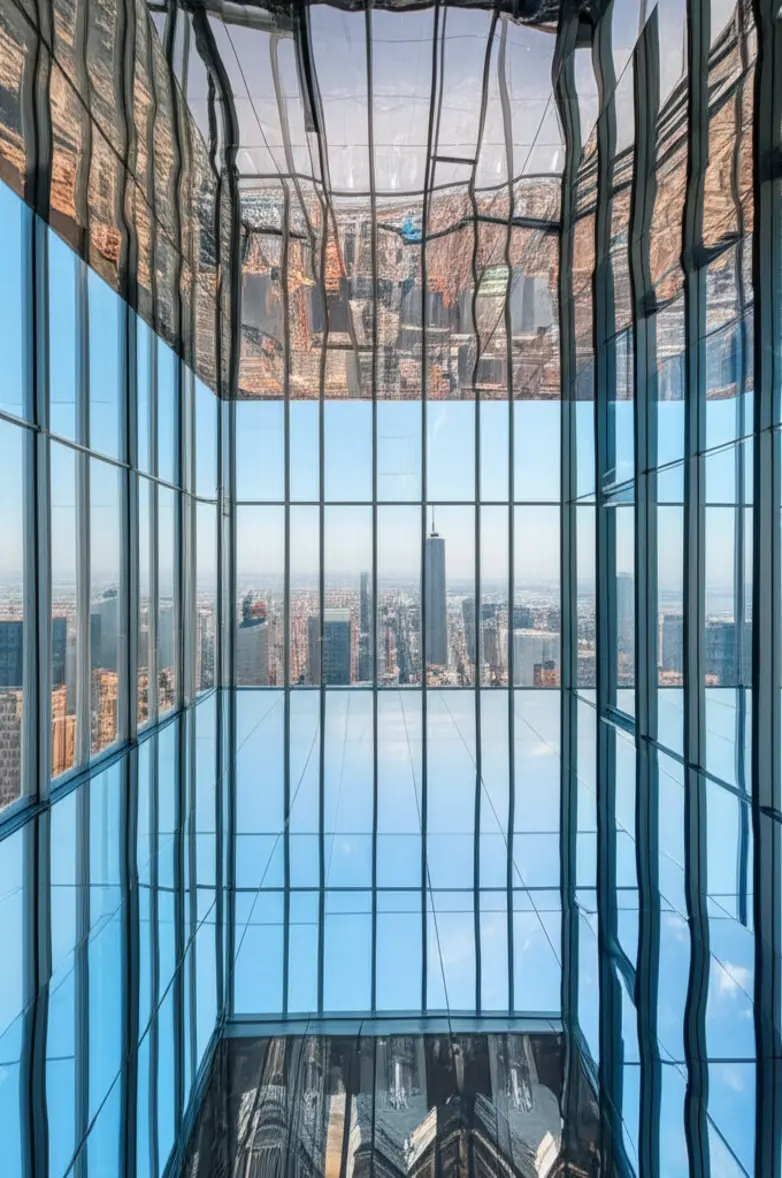 Interior de um observatório moderno em Nova York com chão de espelho refletindo o céu e os prédios ao redor.