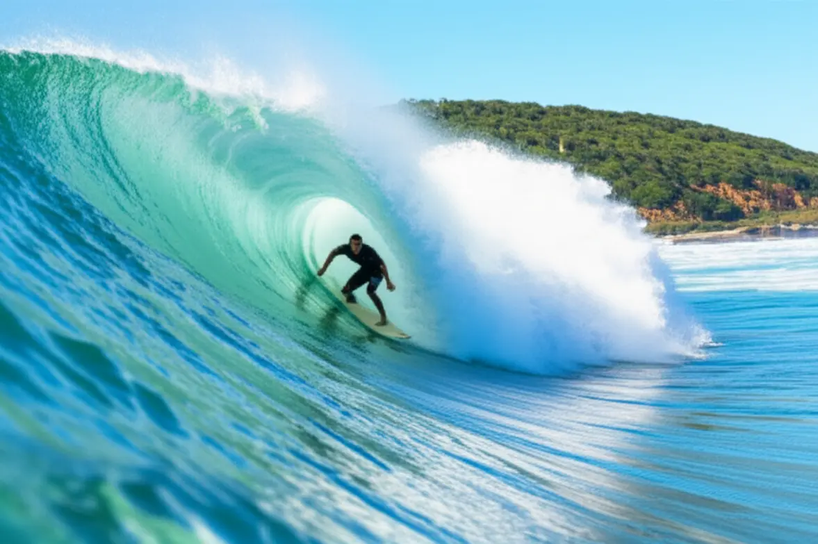Surfista profissional manobrando em uma onda perfeita no litoral da Gold Coast.