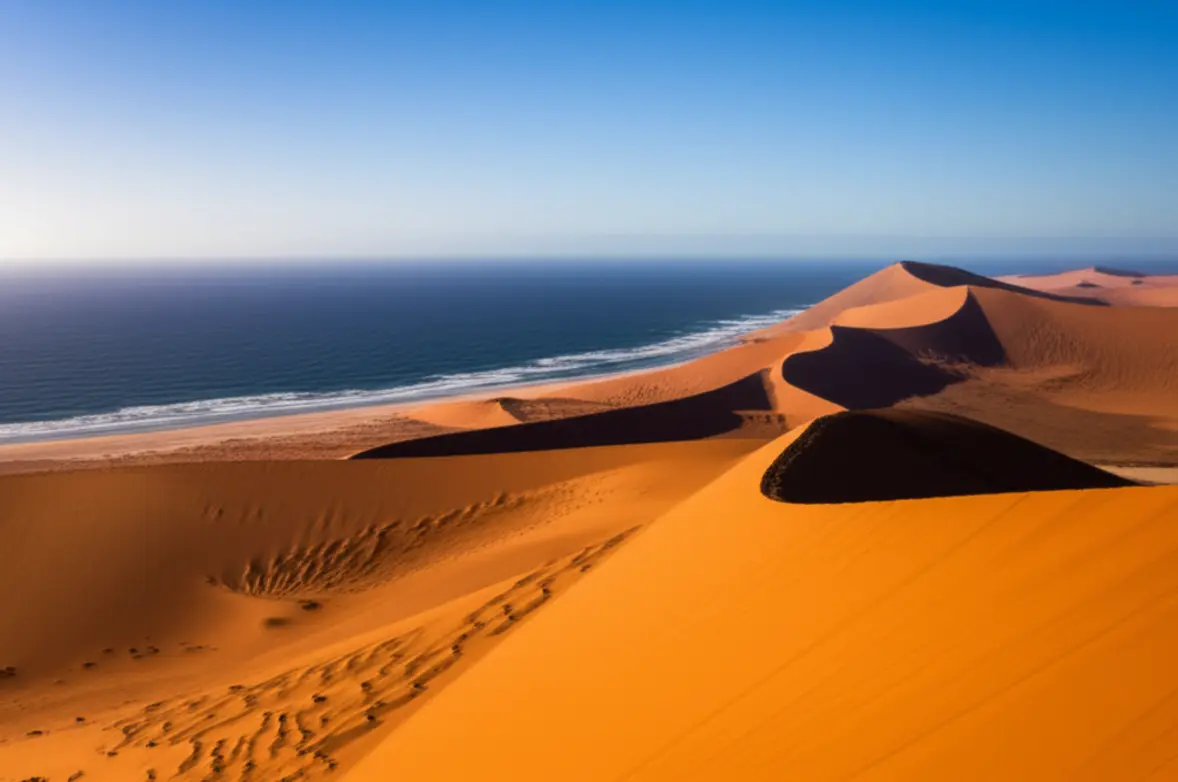 Dunas gigantes do deserto do Namibe encontrando as ondas azuis do Oceano Atlântico em Swakopmund.
