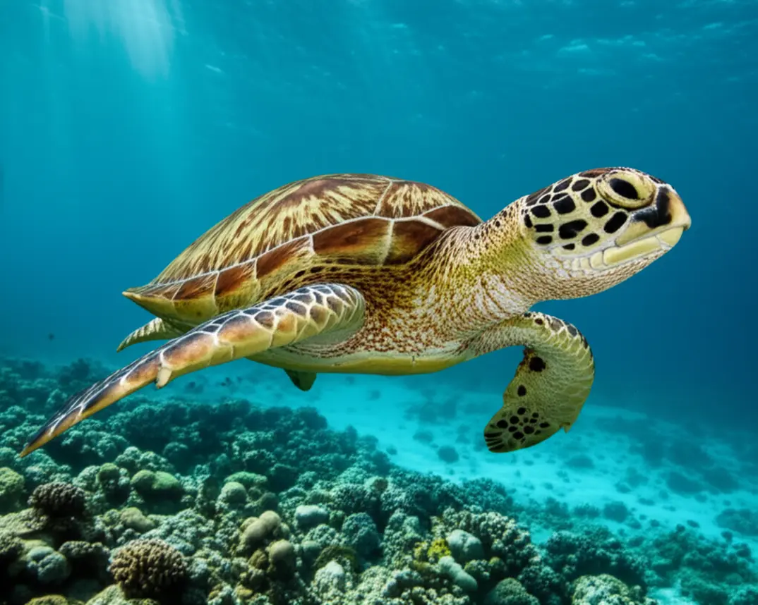 Uma tartaruga marinha nadando calmamente em águas cristalinas de cor turquesa nas Ilhas Gili.