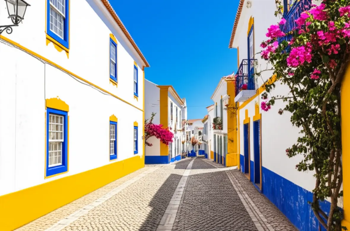 Rua tradicional em Tavira com casas brancas e flores coloridas.