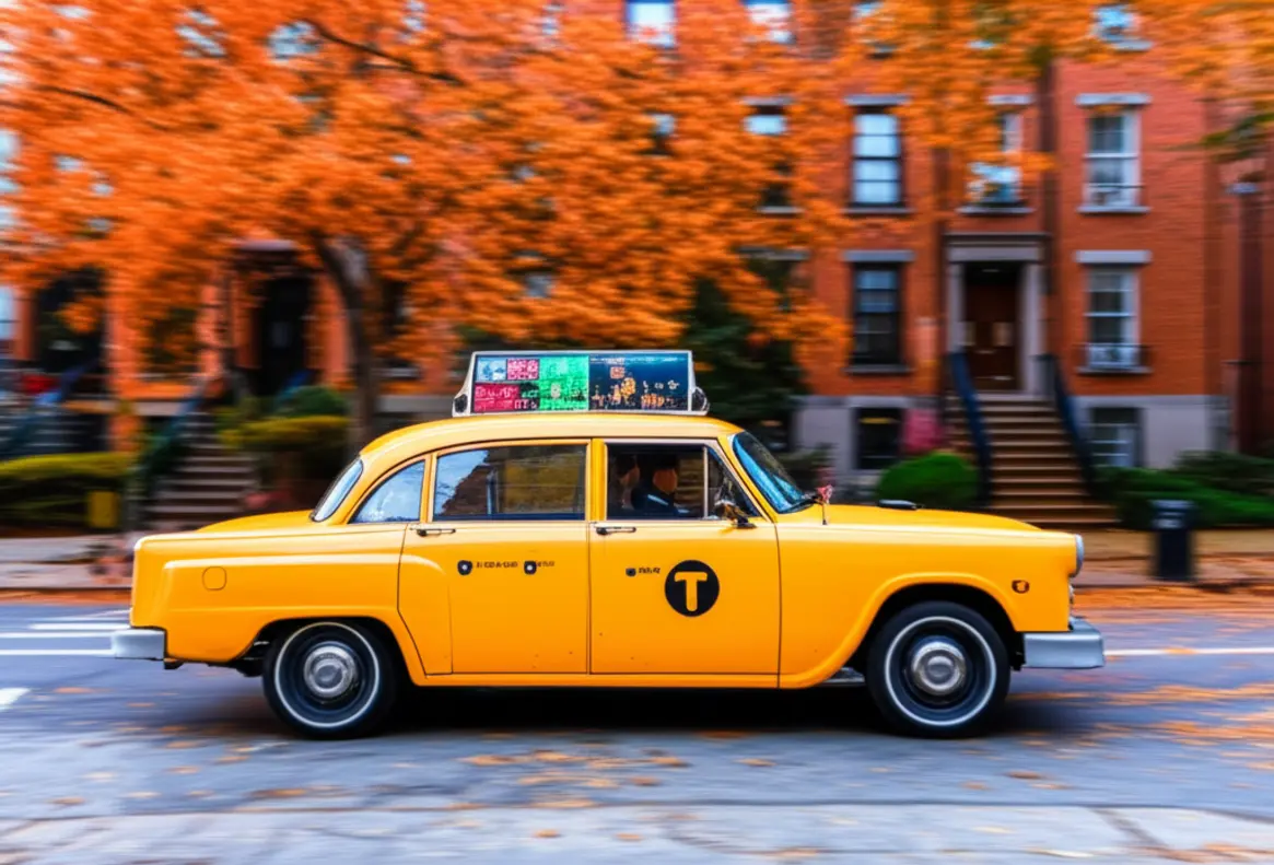 Táxi amarelo circulando em rua de Nova York cercada por árvores com cores de outono.