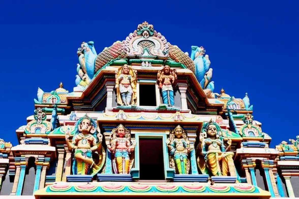 Fachada extremamente colorida e detalhada de um templo hindu em Victoria.