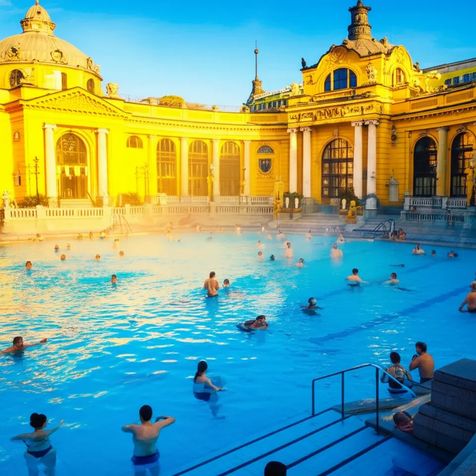 Pessoas relaxando nas piscinas externas das Termas Széchenyi em Budapeste.