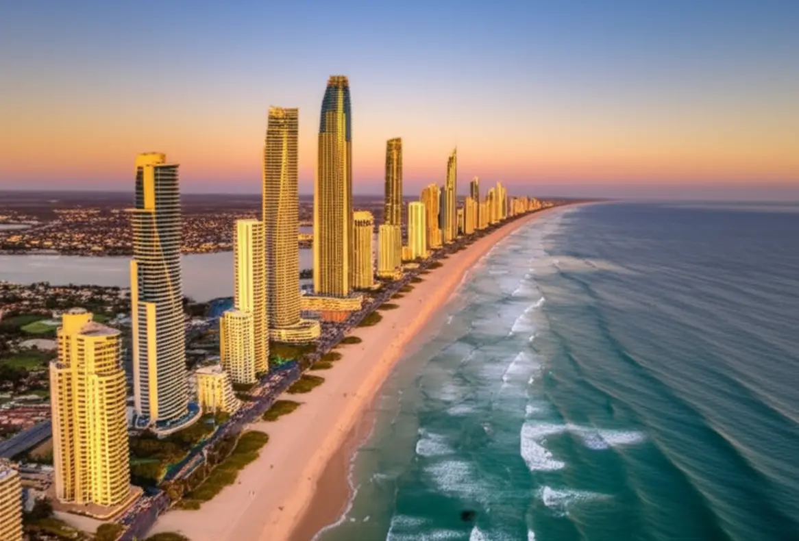 Vista icônica da orla de Gold Coast com arranha-céus e mar azul sob o sol.