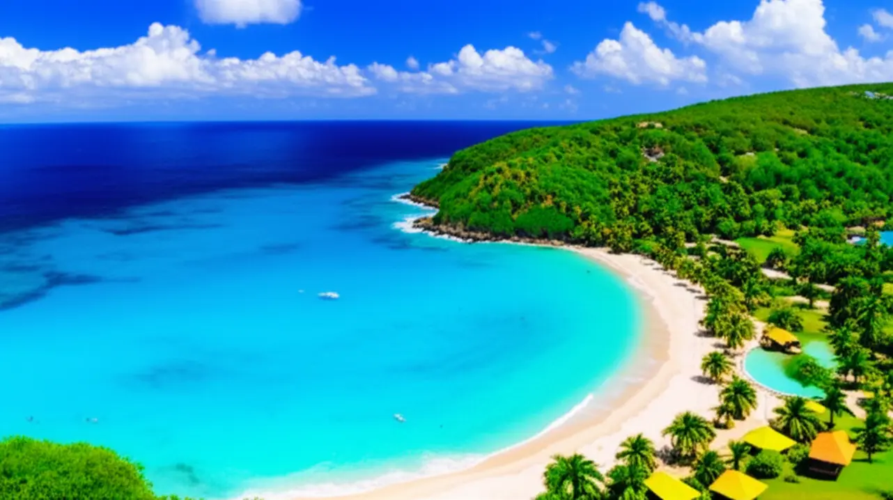 Vista aérea de uma praia paradisíaca em Antígua com águas cristalinas e areia branca.