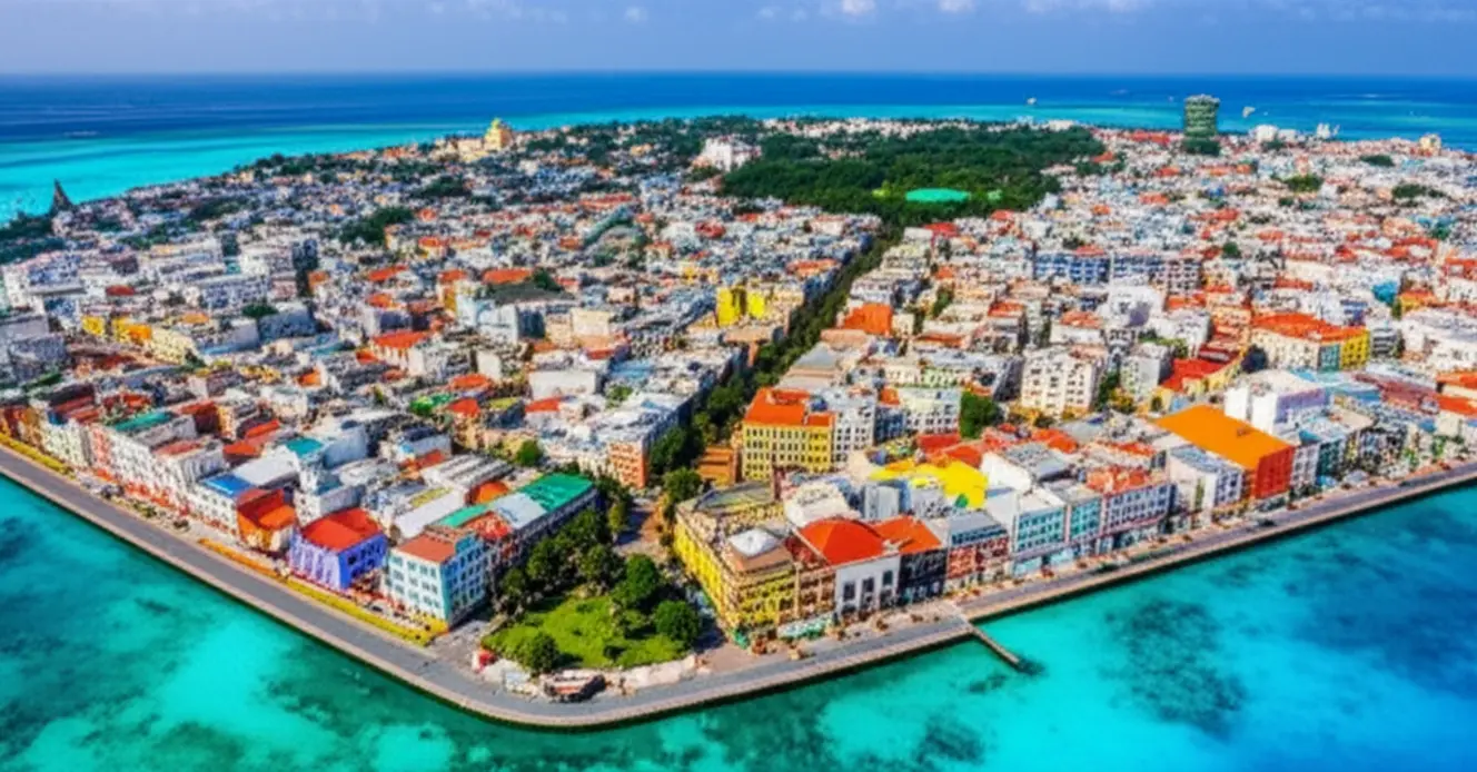 Vista aérea da ilha de Malé nas Maldivas cercada por mar azul turquesa.